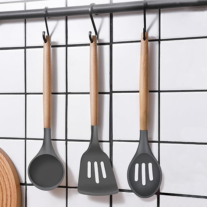 IOCBYHZ Kitchen Cooking Utensils Set, 6Pcs Silicone Kitchen Utensils Set Spatula Spoon Soup Ladle Turner, Heat Resistant Wooden Handle Silicone Cooking Gadgets for Nonstick Cookware & Baking BPA FREE