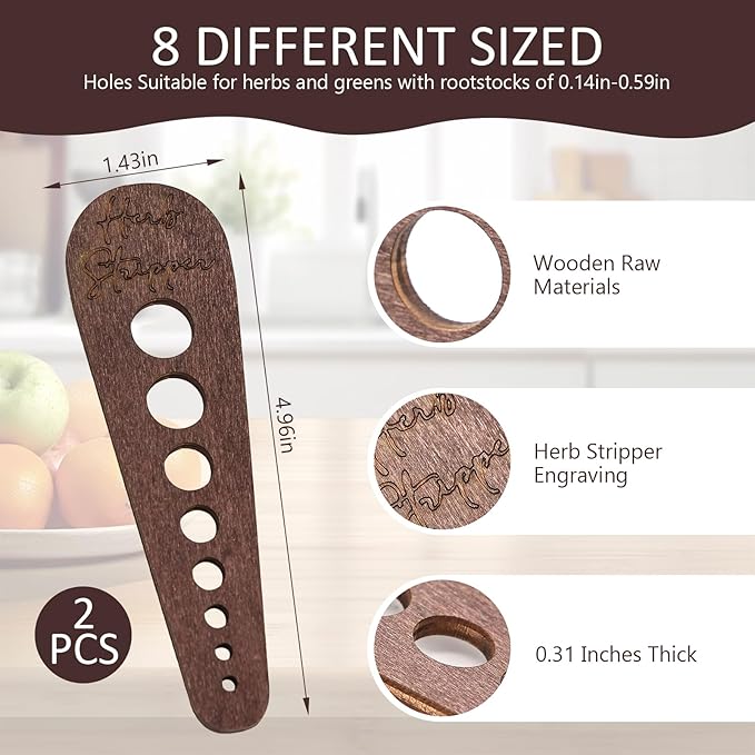 2 Pcs Herb Stripper Tool, Wooden Herb Stripper Vegetable Leaf Remover 8 Different Aperture Designs Wood Stripping Strippers Suitable for Herbs, Parsley, Coriander, Thyme, Rosemary (Brown)