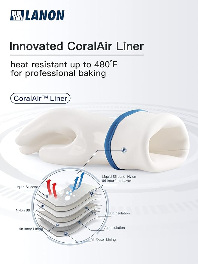 LANON Liquid Silicone Oven Mitts,Heat Resistant,Coral Air Liner,White,Large