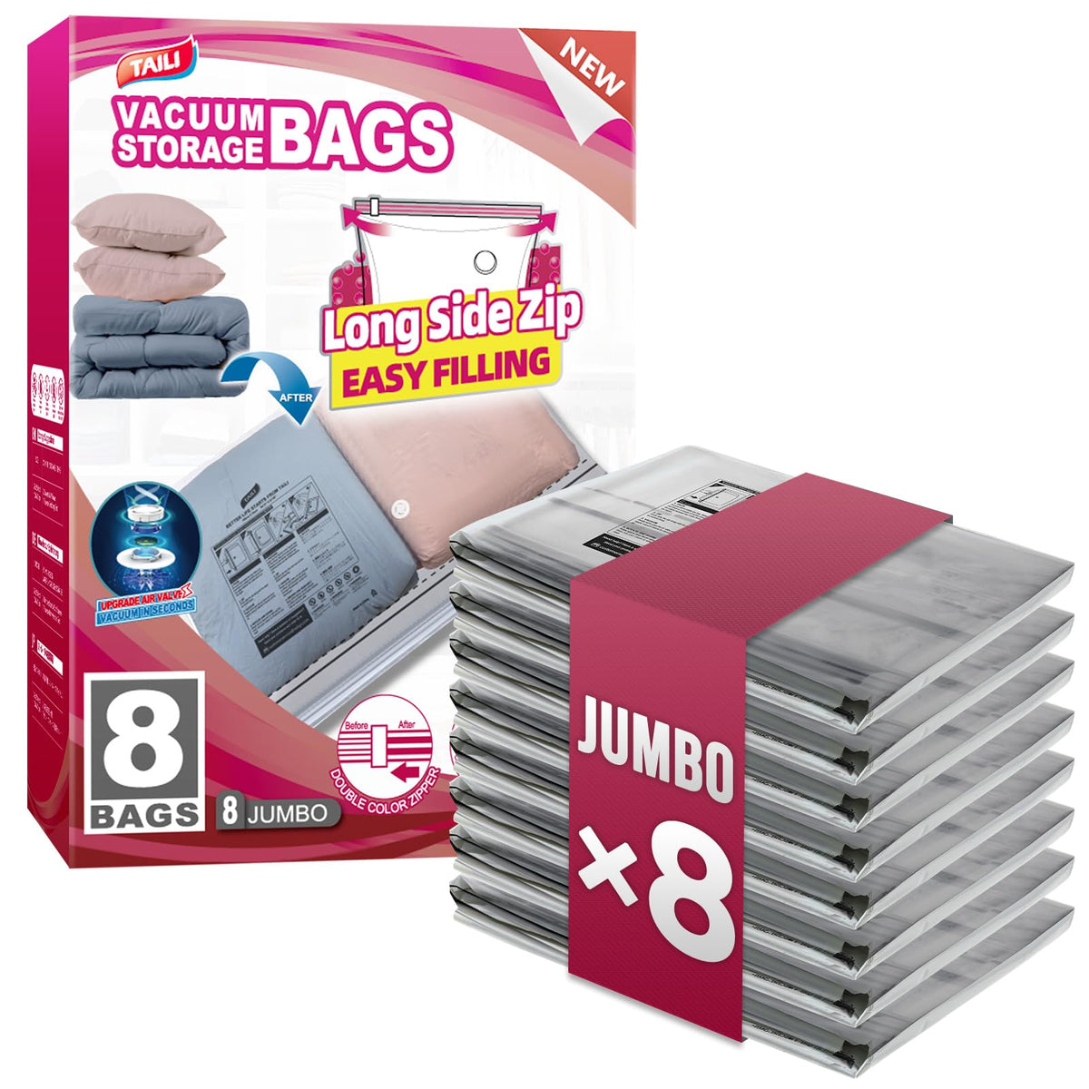 TAILI 4 Pack Vacuum Storage Bags, Jumbo LONG SIDE ZIP(39x28 inch), Clear