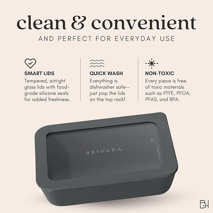 BRIVARA HOME Glass Food Storage Container with Lid, 5-Cup Medium Square | Microwave-Safe Airtight Lid, Oven-Safe Ceramic-Coated Glass | Zero Plastic, No PFAS/PFOA/BPA, Reusable [Onyx]