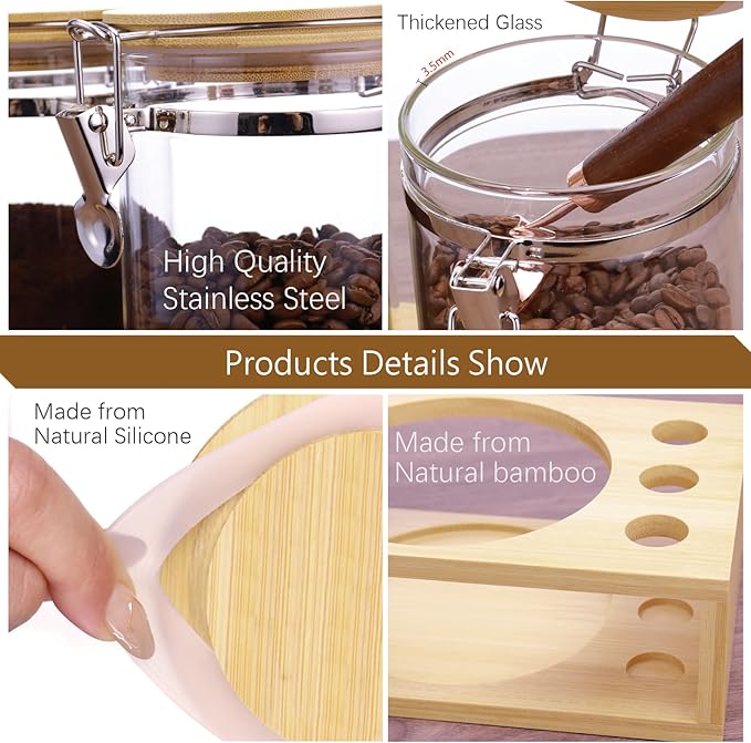 Matifaner Glass Coffee Storage Containers with Bamboo Shelf,Ground Coffee Holder Jars,Airtight Glass Countertop Storage Jar Canisters with Spoon for Coffee,Loose Tea,40 Fluid-oz,Pack of 3