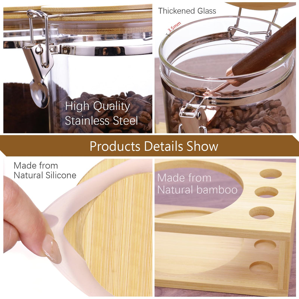 Matifaner Glass Coffee Storage Containers with Bamboo Shelf,Ground Coffee Holder Jars,Airtight Glass Countertop Storage Jar Canisters with Spoon for Coffee,Loose Tea,40 Fluid-oz,Pack of 3
