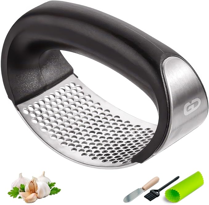 Garlic Press Rocker – Stainless Steel Garlic Mincer, Crusher & Chopper Tool with Peeler, Spatula & Brush – Easy-Press Garlic Press for Mincing Cloves, Ginger & Nuts, Comfortable Ergonomic Handle