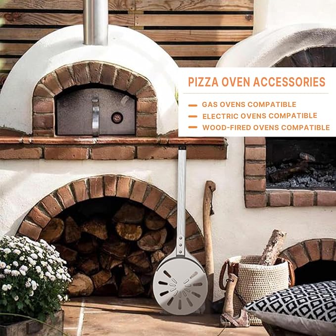 Pizza Turning Peel, 8-inch Pizza Peel Turner Spinner with Non-Slip Long Handle & Silicone Hanging Hook, Essential Pizza Oven Accessories for Outdoor & Indoor Baking, Even Crispy Crust Every Time