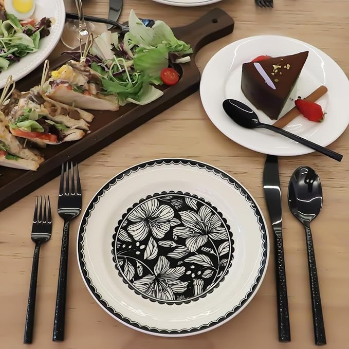 Kelenfer Black Silverware Set Round Hammered Handle 20 Pieces Service for 4