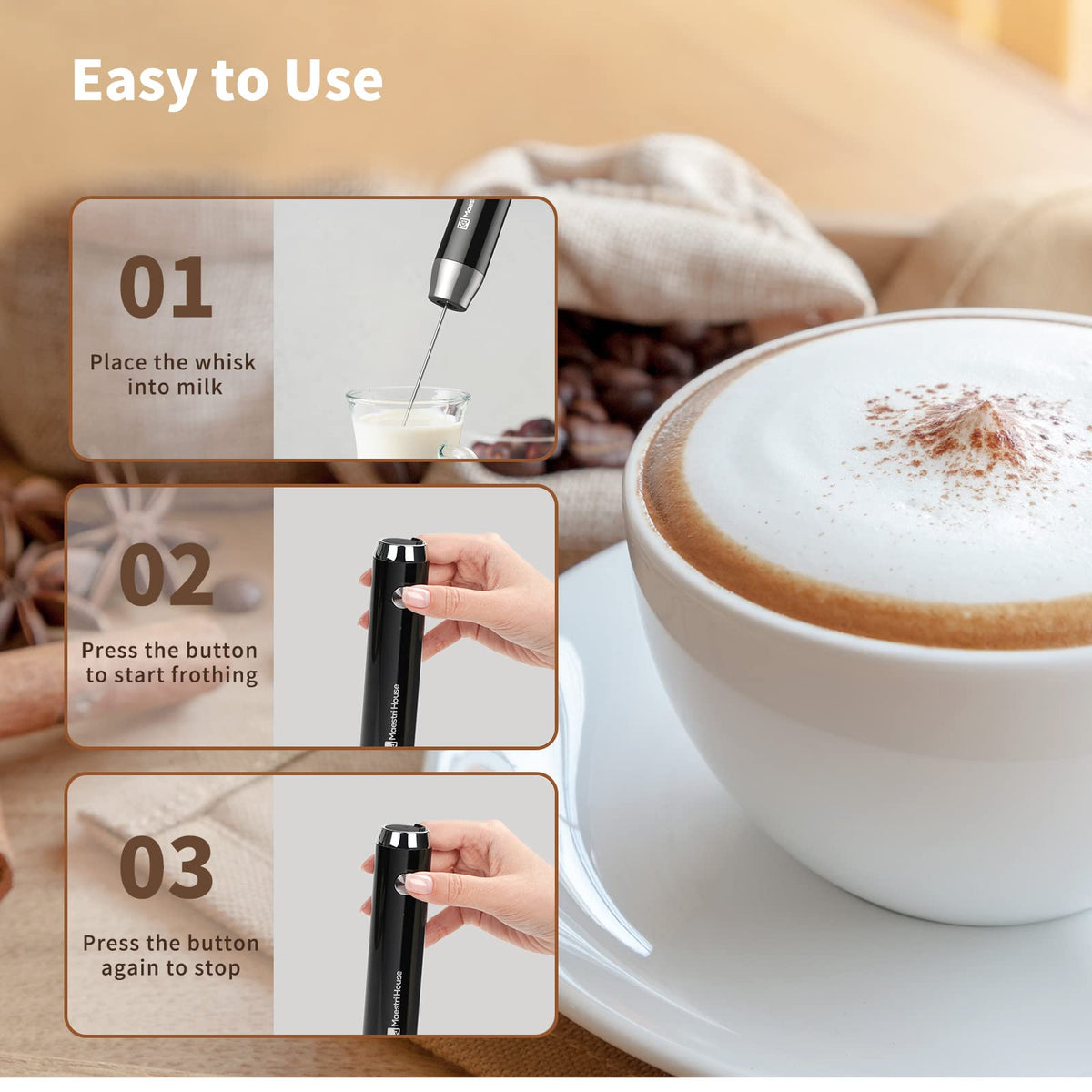 Maestri House Rechargeable Milk Frother,Stand & 3 Detachable Whisks