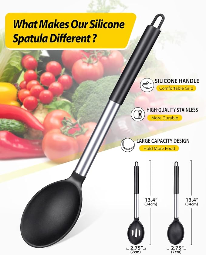 BUNDLEPRO Silicone Cooking Spoons for Non Stick Cookware, 2 Pack, Black