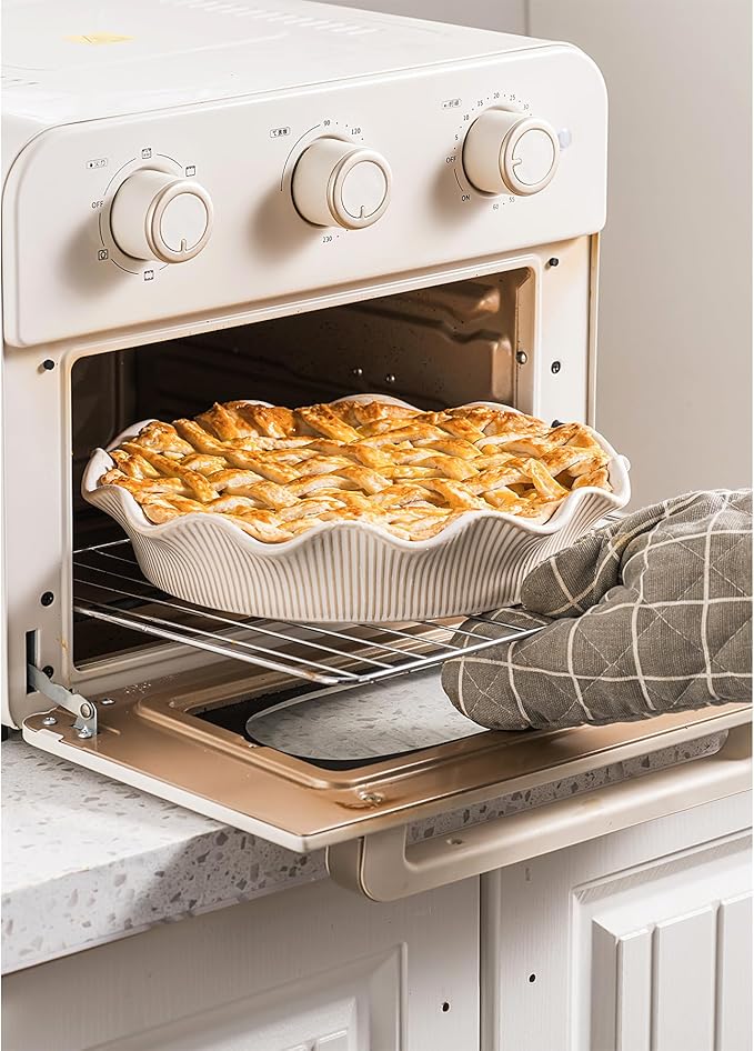 MIKIGEY Ceramic Deep Pie Pan for Baking, 11 inch Porcelain Pie Dish for Apple Pie, Oven & Dishwasher Safe, Farmhouse Decor, 48 Ounce Deep Plate for Kitchen, Non-Stick Pie Pans, Embossed Stripe