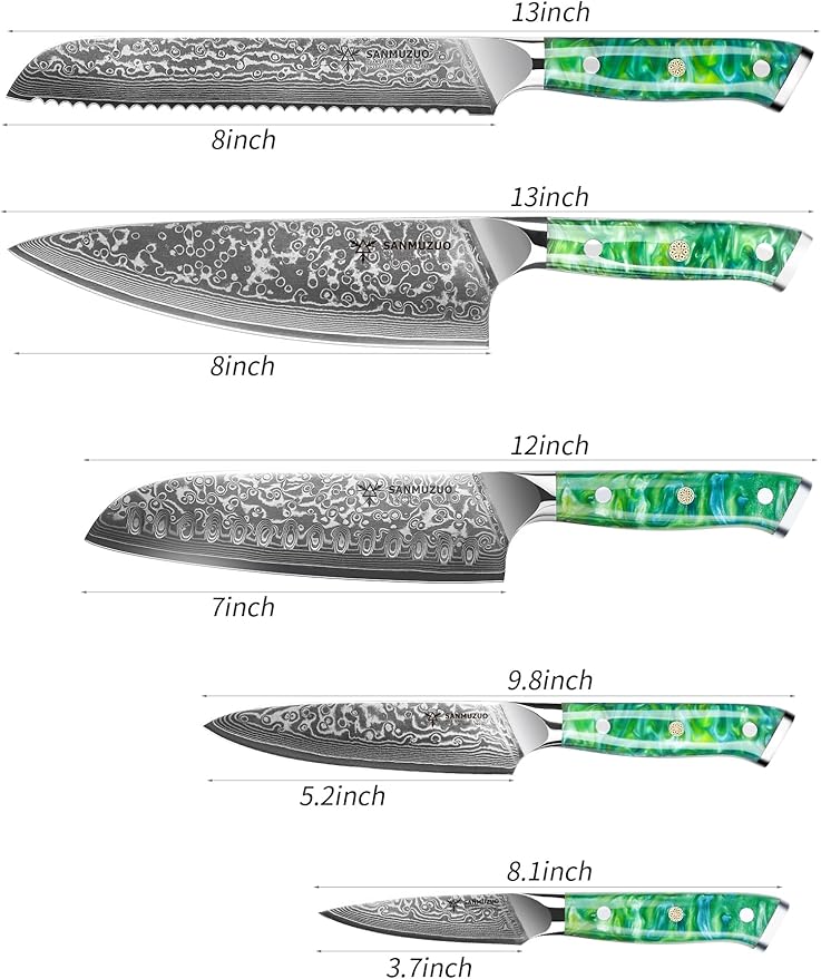 SANMUZUO Chef Cooking Knives Set- Kitchen Knife Set of 5 Piece - Ultra-Sharp VG10 Damascus Steel & Resin Handle - Xuan Series (Jade Green)