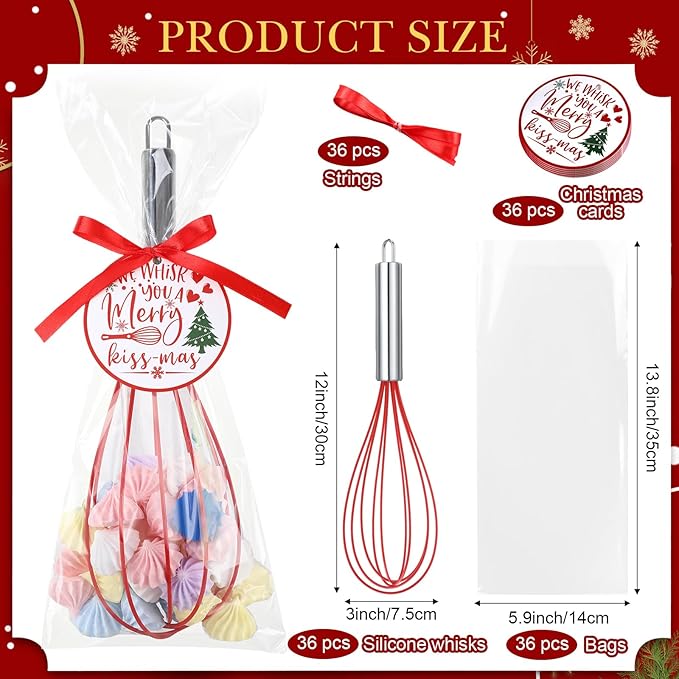 FoldTier 36 Sets 12 Inch Christmas Whisks Gifts DIY Fillable Christmas Tree Ornaments Xmas Colored Silicone Whisks for Cooking Heat Resistant Egg Beaters with Card Rope Bag for Candy Holder