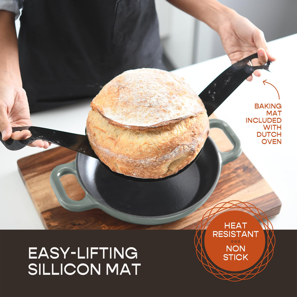 Enameled Cast Iron Dutch Oven for Sourdough Bread Baking | 6 Quart Round Pot with Lid | 10 Inch Ceramic Enamel Thick Coated Cookware with Non Stick Silicone Baking Mat for Cooking | 6 Qt | Sea Salt