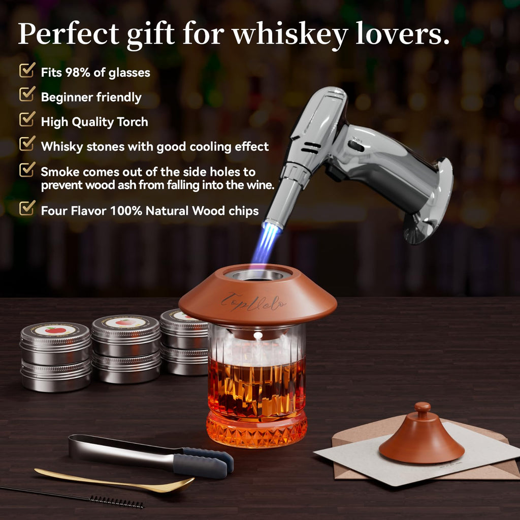 Cocktail Smoker Kit with Torch and Whiskey Glass, 6 Flavors Wood Chips and 3 Whisky Stones for Whiskey & Bourbon, Gift for Husband, Birthday Gift (No Butane), Brown