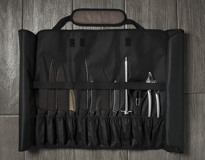 Asaya Waxed Nylon Chef Knife Roll Bag with 20 Slots and Zippered Pockets - Professional Chef Knife Bag & Storage Case, Tool Carrier with Shoulder Strap - Knives Not Included (Brown)