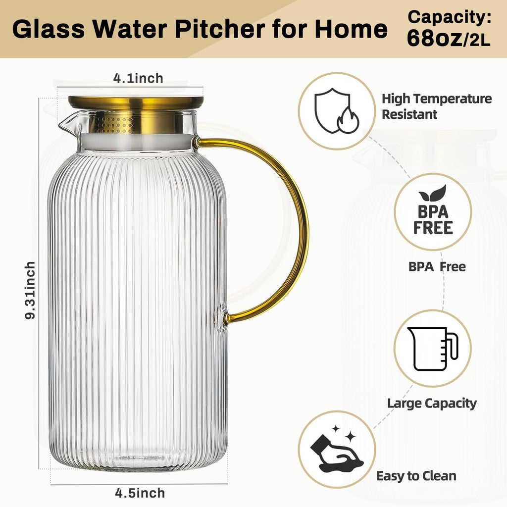 Buaic 2 PACK Glass Pitcher with Lid, 68 oz Glass Carafe with Silicone Base