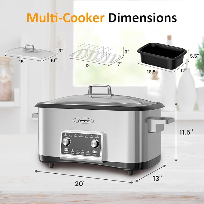 Sunvivi 8 Quart Slow Cooker Roaster Oven, 12 in 1 Programmable Multi-Cooker with Digital Timer, Temp Control, Keep Warm, Removable Non-stick Aluminum Pot & Dishwasher-Safe Glass Lid, Stainless Steel