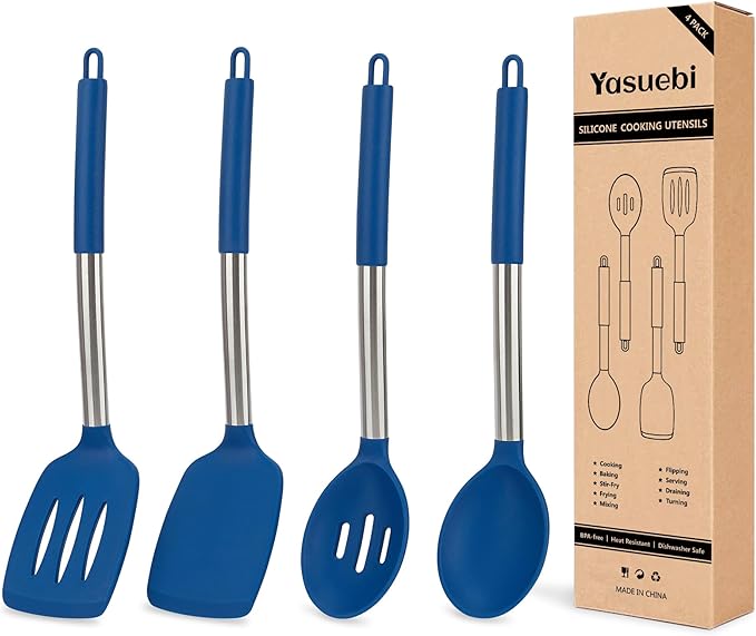 YASUEBI Kitchen Utensils Silicone Cooking Utensils Set for Nonstick Cookware Silicone Cooking Kitchen Utensils Set Perfect for Baking and Mixing Spatula Set BPA Free Dishwasher Safe Blue 4 Pack