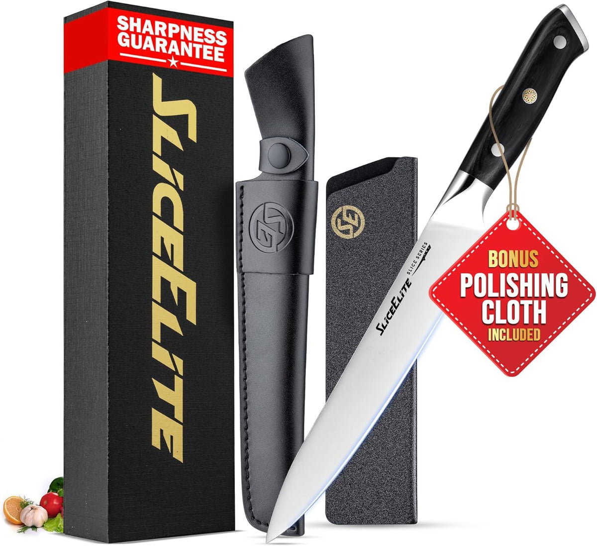 8” Carving Knife High Carbon Steel Pakkawood Handle & Leather Sheath