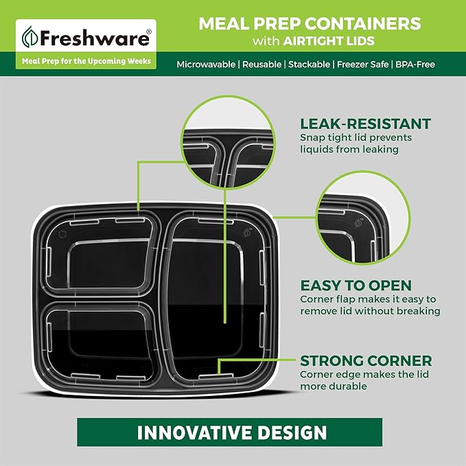 Freshware Meal Prep Containers [21 Pack] 3 Compartment with Lids, Food Storage Containers, Bento Box, Stackable, Microwave/Dishwasher/Freezer Safe (24 oz)