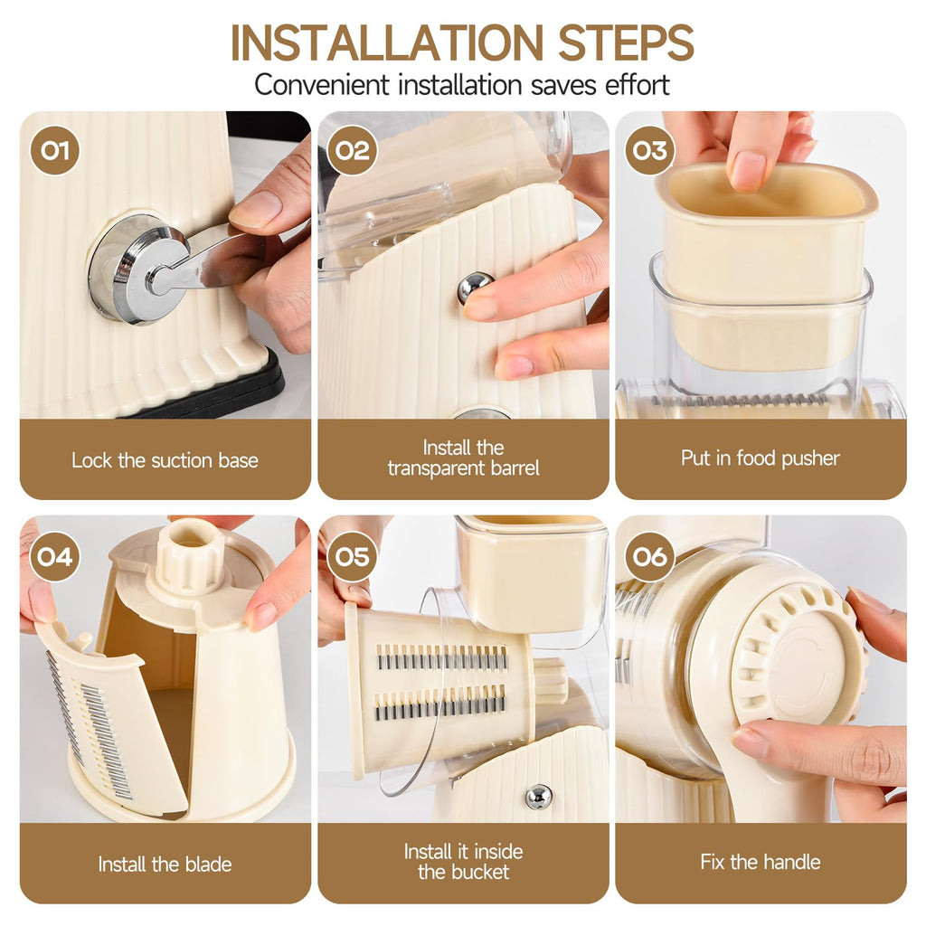 Xilrvna RotaryCheese Grater,VegetableShredder 5 in 1 Cheese Grater with HandleedderReinforcedSuction,EasytoClean,KitchenChopperforCrushedIce,Fruits and Nuts with Blade Storage Case（White