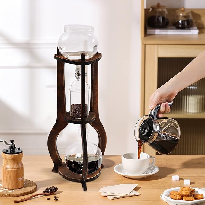 Netcoin Cold Brew Coffee Maker, 600 ml/20.29 oz Iced Coffee Tower Dripper Coffee Maker & Tea Maker 6-8 Cups, High Borosilicate Glass, Wood, 304 Stainless Steel, Copper - for Home Office (Brown)