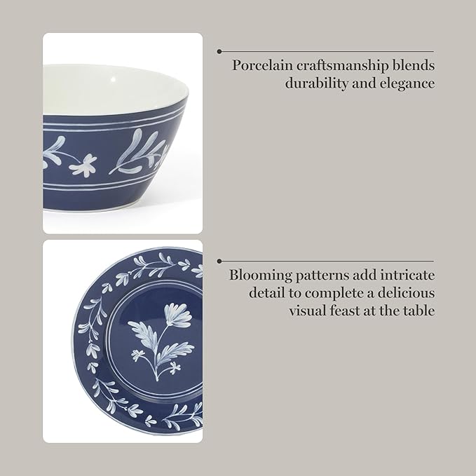 Martha Stewart Dinnerware Set- Maiden Crown 12-Piece Sky Blue Dishes – New Bone China Ceramic Plates & Bowls – Floral Design – Service for 4 – Microwave & Dishwasher Safe