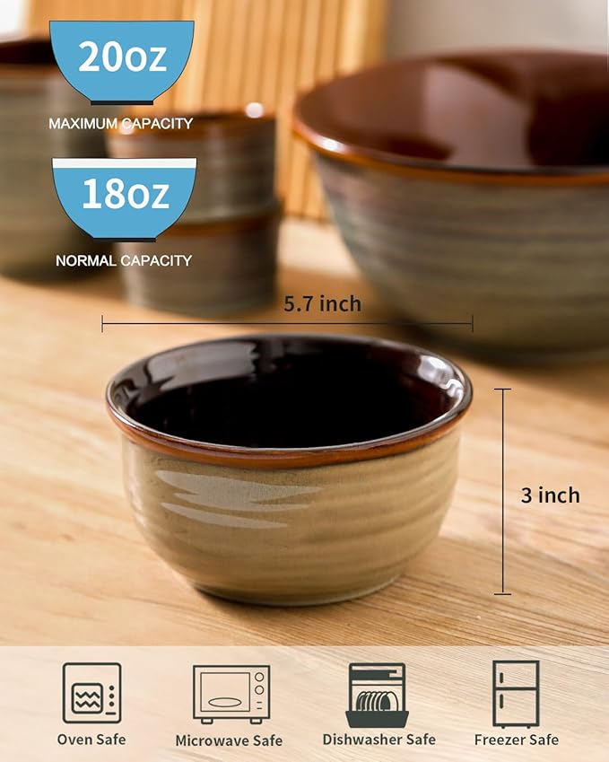 HASENSE Ceramic Cereal Bowls Set of 6, 20 oz Reactive Glaze Grey Soup Bowls