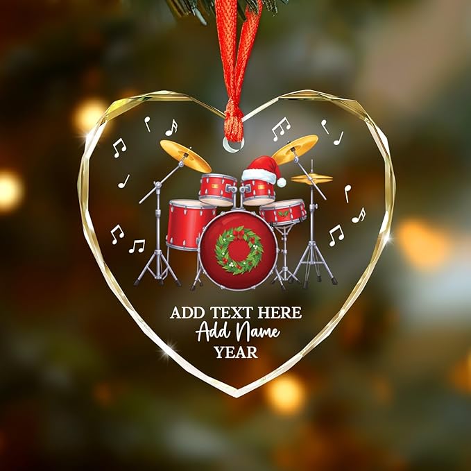 Personalized Drum Set Christmas Glass Ornaments 2026, Drum Xmas Ornament with Custom Text Name & Year, Drummer Christmas Tree Ornament for Men Women, Decoration Gift for Drummer Band Music