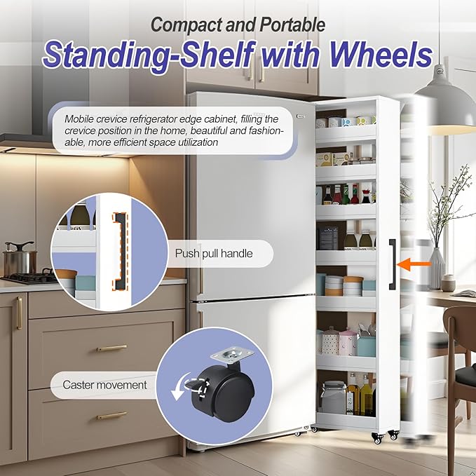 MINGRUIYU 7-Tier Slim Storage Cart, Wooden Rolling Pantry Cabinet with Wheels, Narrow Shelf Organizer for Kitchen, Bakers Rack, Dining Room, Closet, Small Spaces Light Walnut 47.2" H*7.8" W*23.6" D