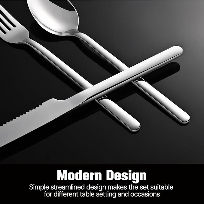 KINGSTONE 48-Piece Silverware Set with Steak Knives, Flatware Set for 8, 18/10 Stainless Steel Tableware Cutlery Set for Home Restaurant, Mirror Finish,Modern Design