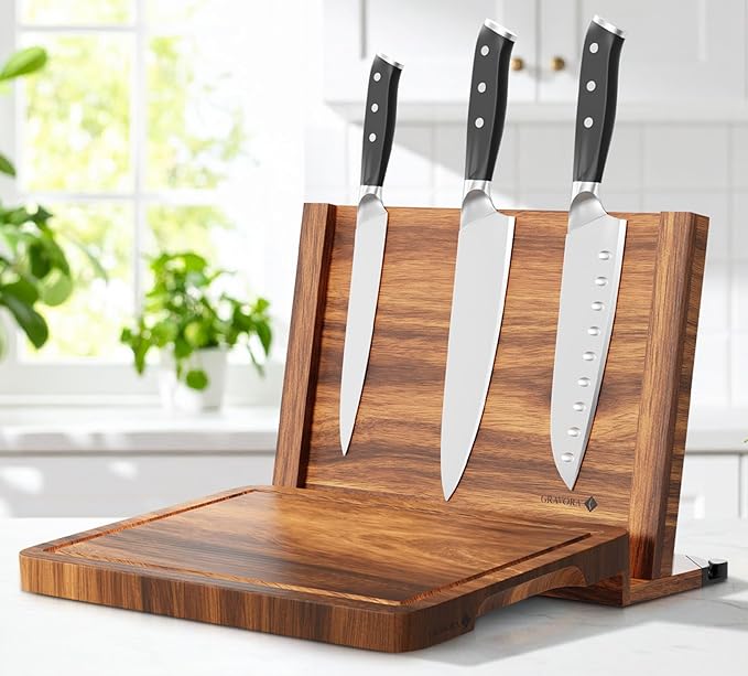 3 in 1 Magnetic Knife Block Stand, 14"x10" Cutting Board, Knife Sharpener - Wooden Magnetic Knife Holder - Acacia Display Holder Double Sided Storage Rack Magnets for Knives - No Assembly Required