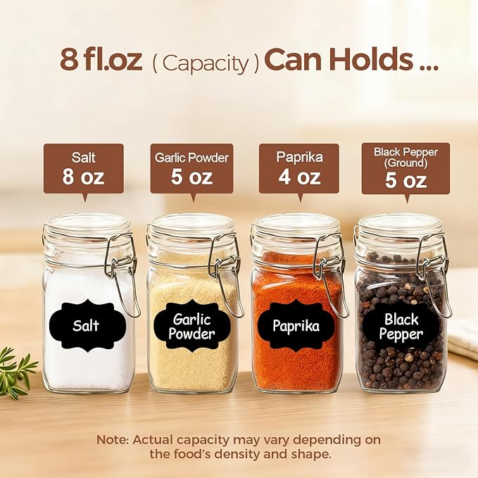 ComSaf Square Small 8 oz Glass Spice Jars with Airtight Lids 12 Pack Pantry