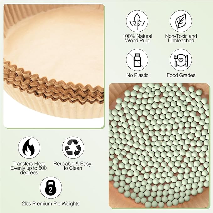 1 Pack 2 lb Light Green Pie Weights for Baking Crust Reusable Ceramic Blind Baking Beans Stoneware with 50 Pcs Disposable Parchment Paper Pie Liner Fit 8, 9, 10 Inch Dish with Storage Bottle and Bag