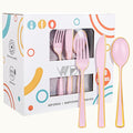 WDF 180 Pieces Pink Plastic Silverware with Gold -Pink Plastic Utensils Set - 60 Guest Cutlery Disposable for Birthday Party Baby Shower Wedding Spring