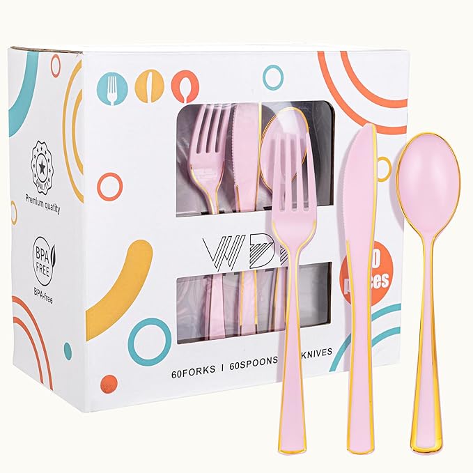 WDF 180 Pieces Pink Plastic Silverware with Gold -Pink Plastic Utensils Set - 60 Guest Cutlery Disposable for Birthday Party Baby Shower Wedding Spring