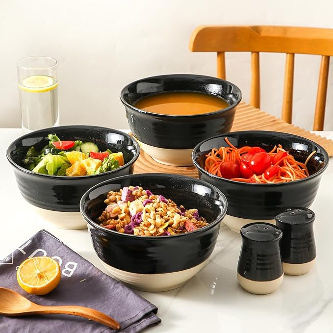 HASENSE Large Ceramic Soup Bowls Set of 4, 40 Oz Gloss Black Beige Stackable Stoneware Bowls, Farmhouse Bowls for Salad, Pasta, Ramen & Pho, Dishwasher & Microwave Safe