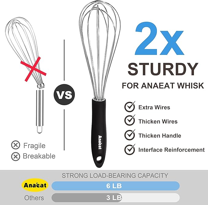Anaeat Stainless Steel Kitchen Whisk Set of 4, Milk and Egg Beater Blender with Thick Wire for Whisking, Cooking, Baking, Beating and Stirring - 11'' Flat Whisk and 9''+11''+12'' Balloon Whisks
