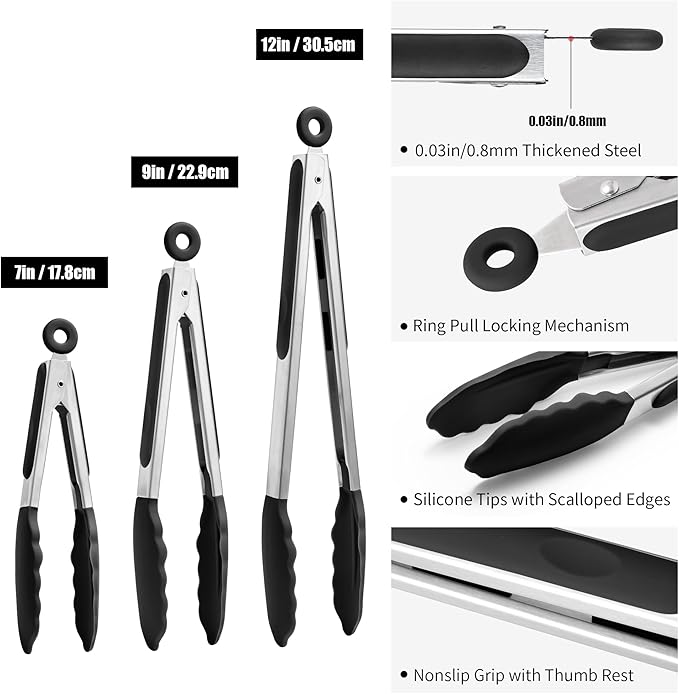 Doosu Kitchen Tongs with Silicone Tips for Cooking Serving (3Pcs, Black)