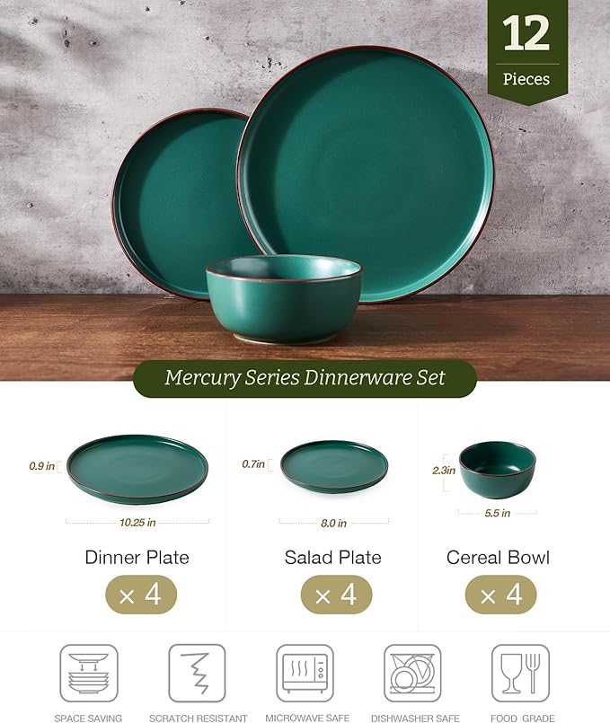 Famiware Mercury 12-Piece Stoneware Dinnerware Set, Dark Green