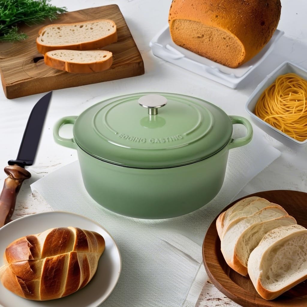 EDGING CASTING Enameled Cast Iron Dutch Oven Pot With Lid, 5.5 Quart, for Bread Baking, Cooking, Pistachio Green