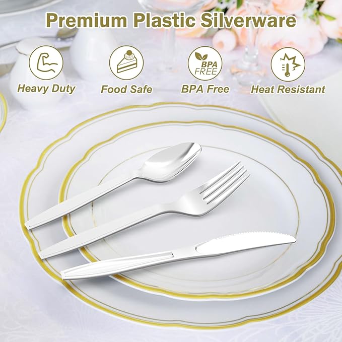 Dealusy 300 Count Extra Heavy Duty Silver Plastic Silverware, 100 Forks, 100 Spoons, 100 Knives, BPA-Free, Heat Resistant, Disposable Plastic Utensils Set, Plastic Cutlery Set, Plasticware Bulk