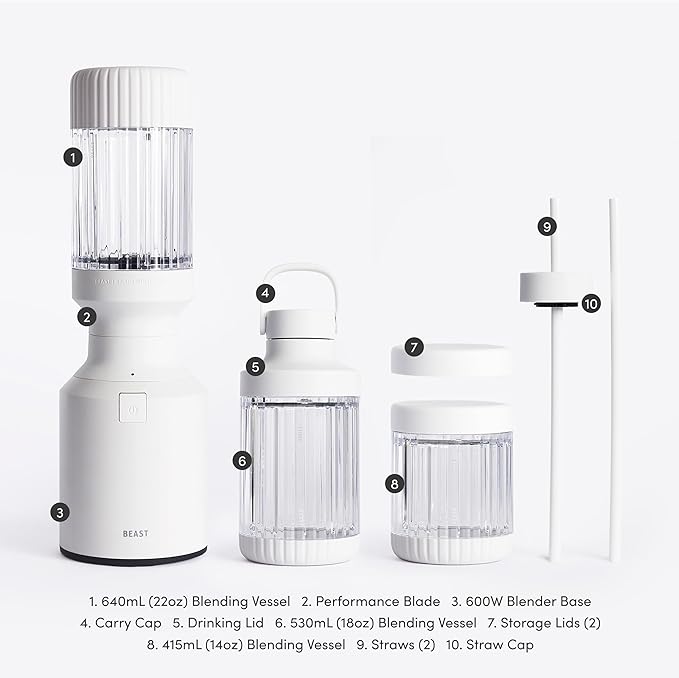 The Beast Mini Blender Plus | Mini Countertop Kitchen Blender | Blend Smoothies and Shakes, Dressings, Sauces, Dips | Extra Vessels, Straw Cap and Straws Included | 600W (Cloud White)
