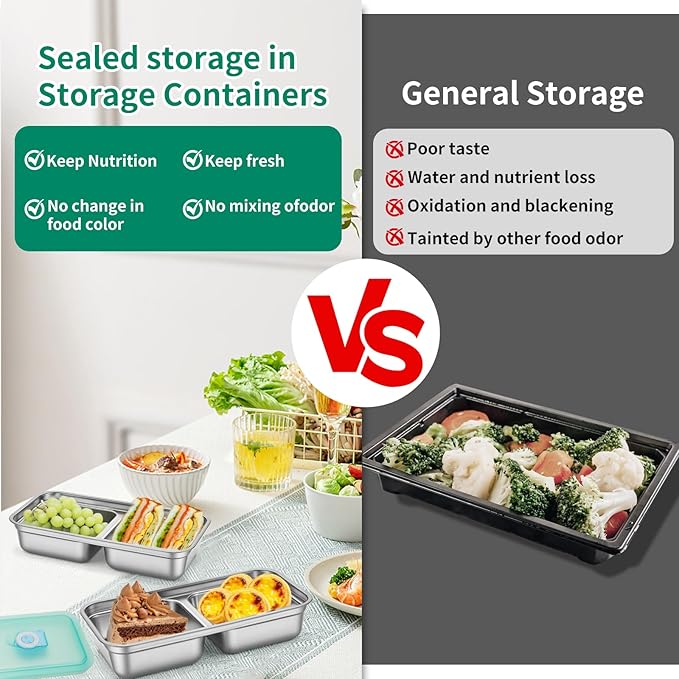 MJDYTYT 3 Pack Leakproof Stainless Steel Snack Containers with Secure Sealed Lids, Reusable 2 Compartment Bento Boxes for Lunch Prep, Travel, School & Office Stainless Steel Lunch Box