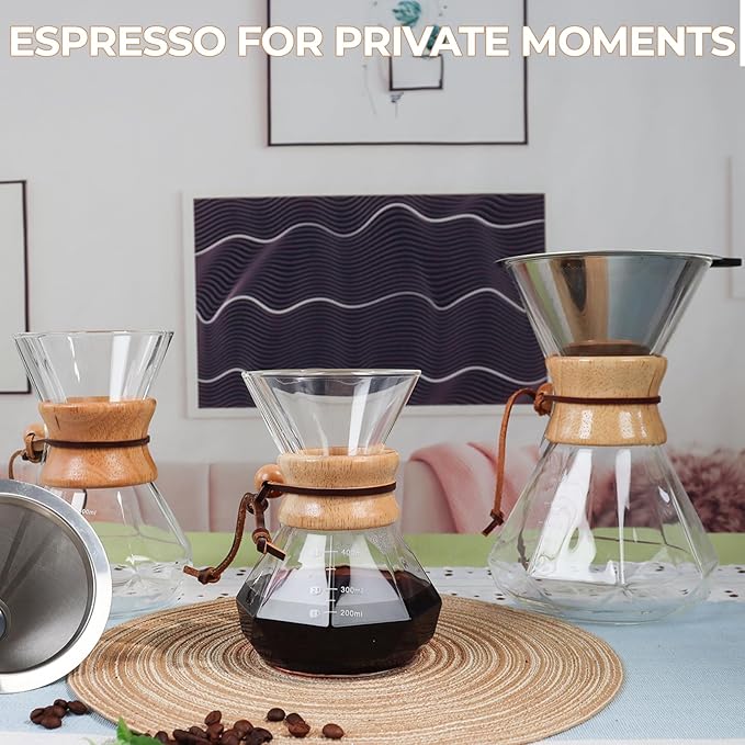 Mogrecha Pour Over Coffee Maker 600ml with 304 Stainless Steel Filter Wooden Collar Holder Borosilicate Glass Drip Coffeemaker Server Set Clear Hand Brew Dripper Carafe for Home Camping Travel 20.3oz