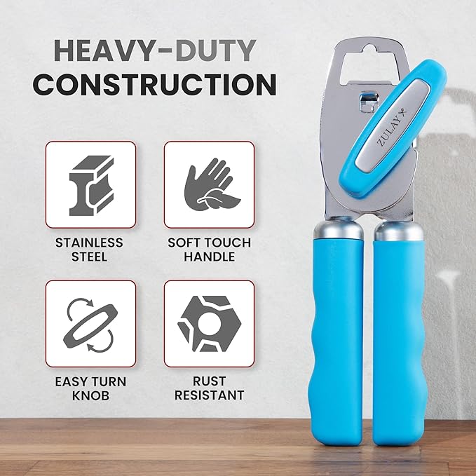 Zulay Kitchen Heavy Duty Stainless Steel Can Opener Manual with Bottle Opener - Rust Proof Manual Can Opener With Turn Knob & Comfy Soft Grip Handles - Aqua