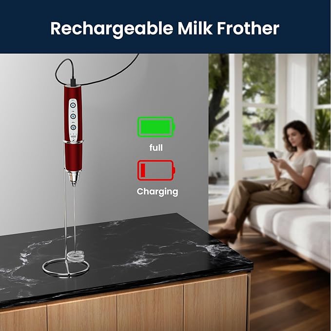 Milk Frother Wand Rechargeable Handheld Electric Whisk 3 Speed Adjustable
