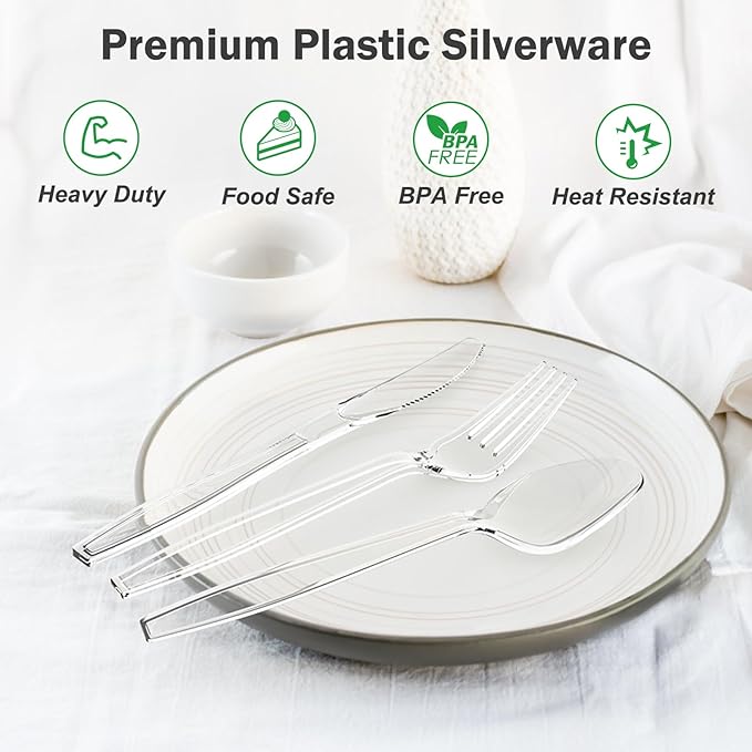 Dealusy 360 Count Extra Heavy Duty Clear Plastic Forks and Spoons, 180 Forks & 180 Spoons, Heat Resistant, Disposable Plastic Silverware Set