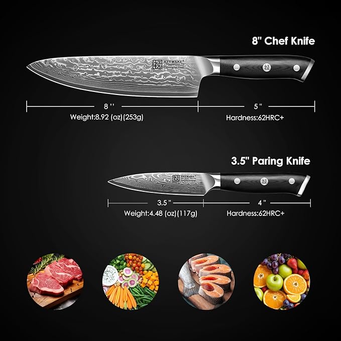 KEEMAKE Damascus Kitchen Knife Set, 2PCS Ultra Sharp 67-Layer Damascus Steel Chef Knife with G10 Non-Slip Handle, Elegant Box for Men Husband