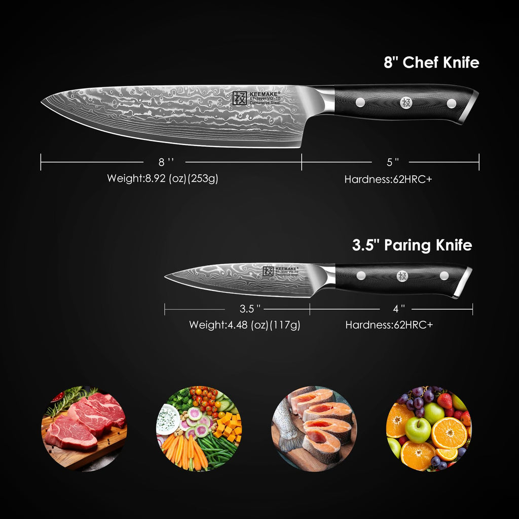 KEEMAKE Damascus Kitchen Knife Set, 2PCS Ultra Sharp 67-Layer Damascus Steel Chef Knife with G10 Non-Slip Handle, Elegant Box for Men Husband
