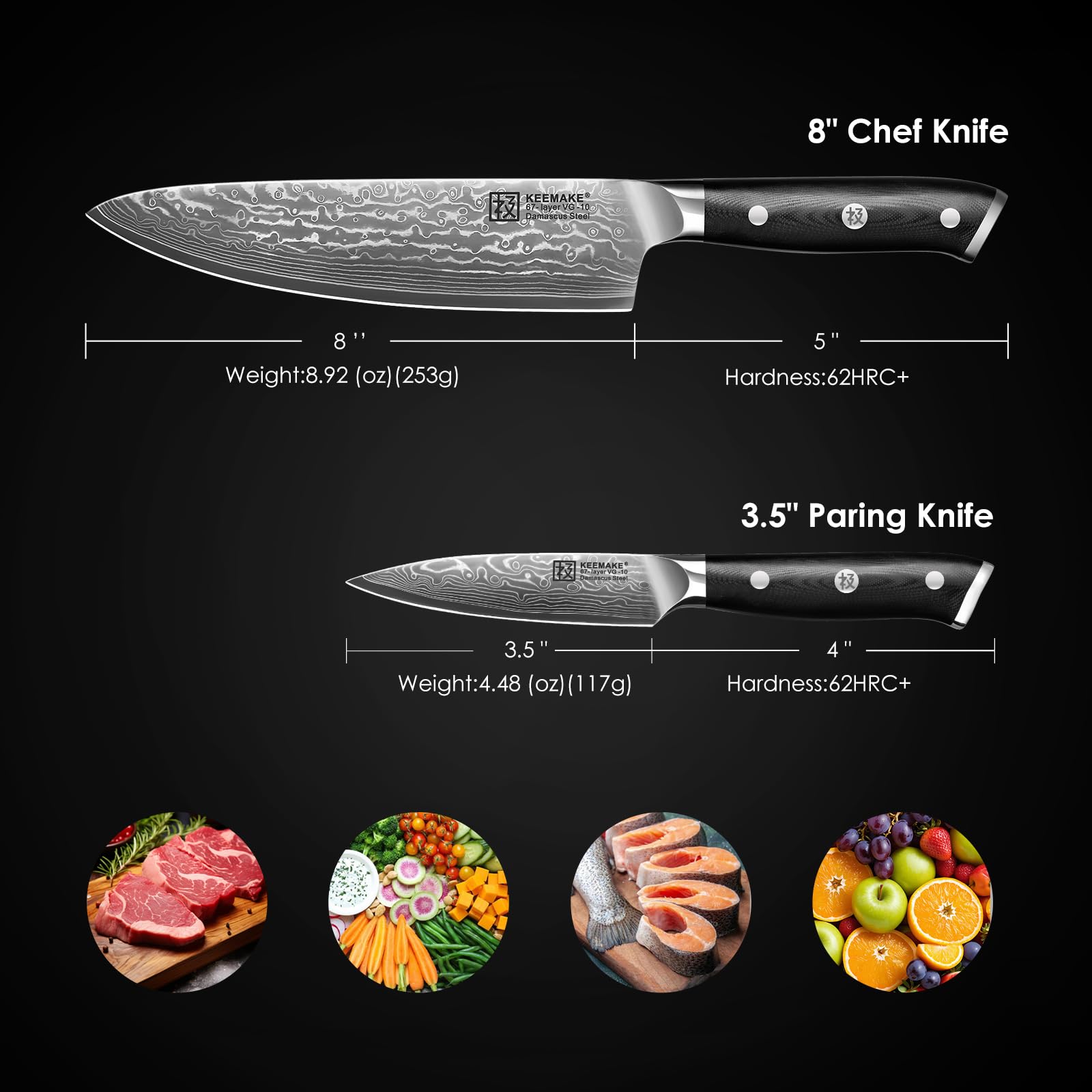 KEEMAKE Damascus Kitchen Knife Set, 2PCS Ultra Sharp 67-Layer Damascus Steel Chef Knife with G10 Non-Slip Handle, Elegant Box for Men Husband